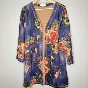 Solitaire Anthropologie Faux Suede Feel Blue Floral Long Cardigan M Boho Cottage
